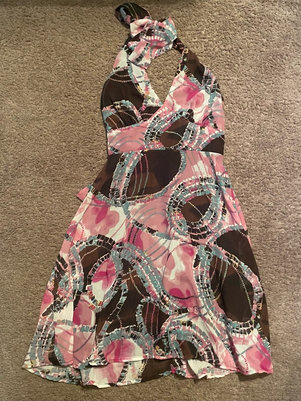 JustFab Pink and Brown One-Shoulder Halter Dress